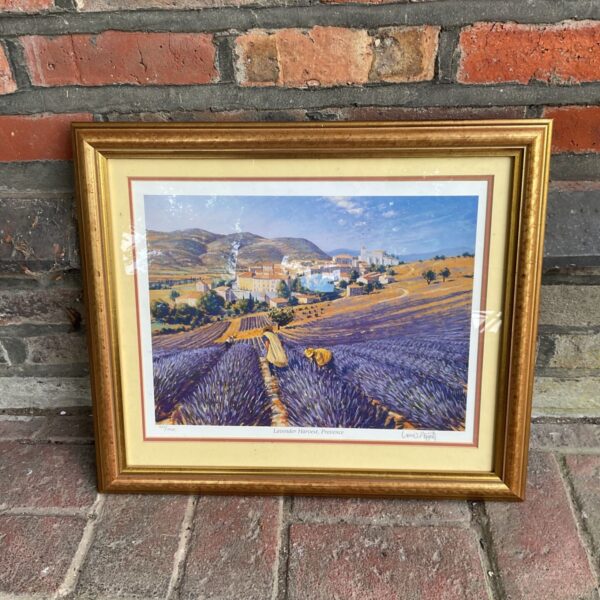 Framed Lionel Aggett lavender harvest print depicting a Provence landscape.