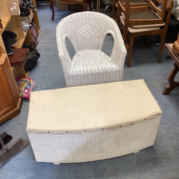 White Lloyd Loom wicker chair and storage box set, vintage style.