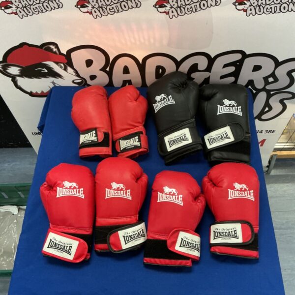 Four pairs of red Lonsdale boxing gloves displayed for auction.