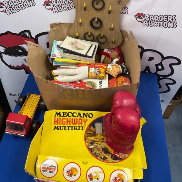 Box of mixed toys including mecano highway multkit,children’s boxing gloves and connect 4