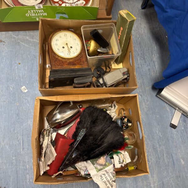 2 boxes of mixed items including, feather, glass wear and mantle clock