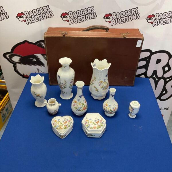Selection of Aynsley Fine Bone China vases etc with leather suitcase