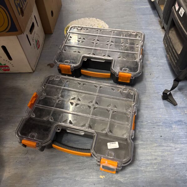 two plastic storage organisers - one has repair to catch