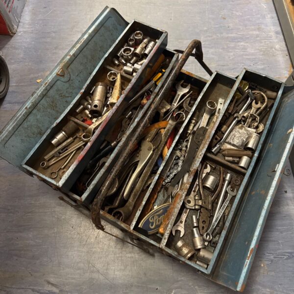 vintage metal cantilever toolbox with contents