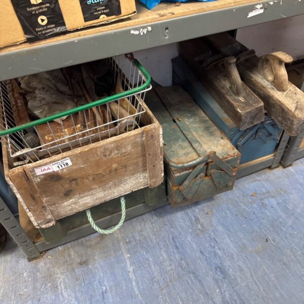 shelf of mixed vintage tools & toolboxes