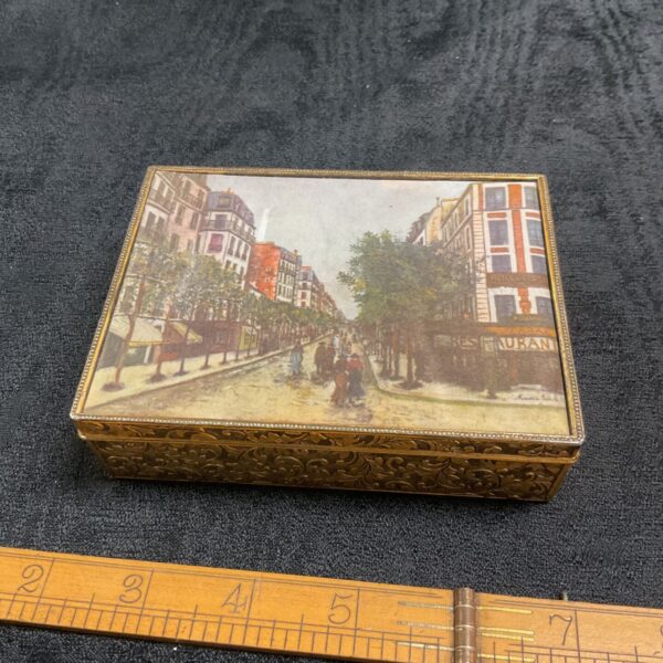Oppenheimen london japanese gilded cigarette box with silk “rue ordener monmartre” portrait on lid sold in gamages