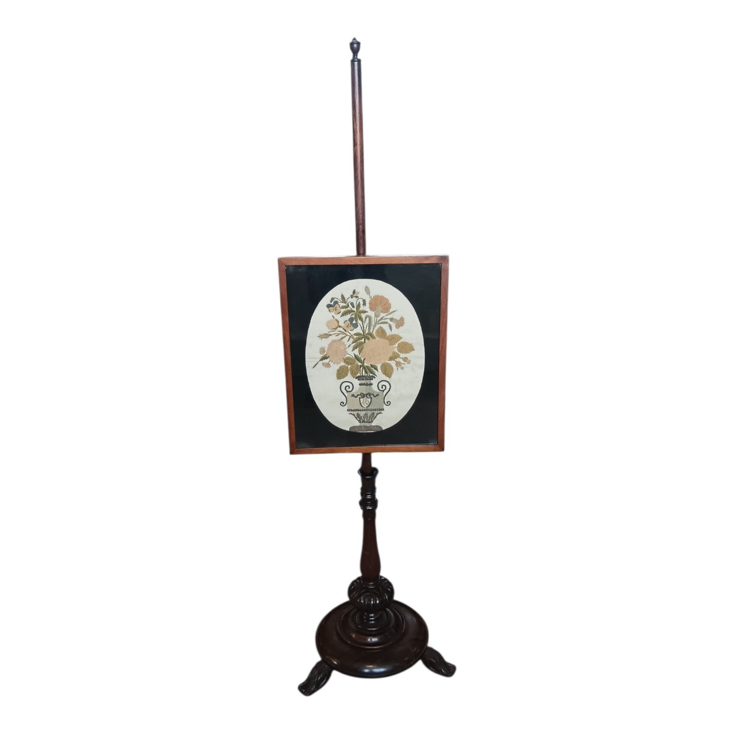 Antique rosewood pole fire screen with floral silk embroidery