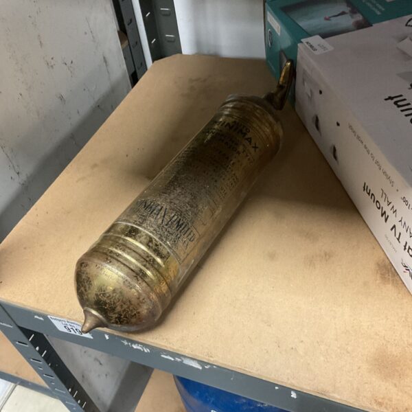 vintage Auto Minimax "Type D Major" brass fire extinguisher, likely manufactured in the mid-20th century.