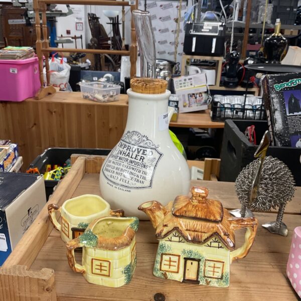 KSP miniature tea pot with sugar bowl and milk jug plus Vintage inhaler