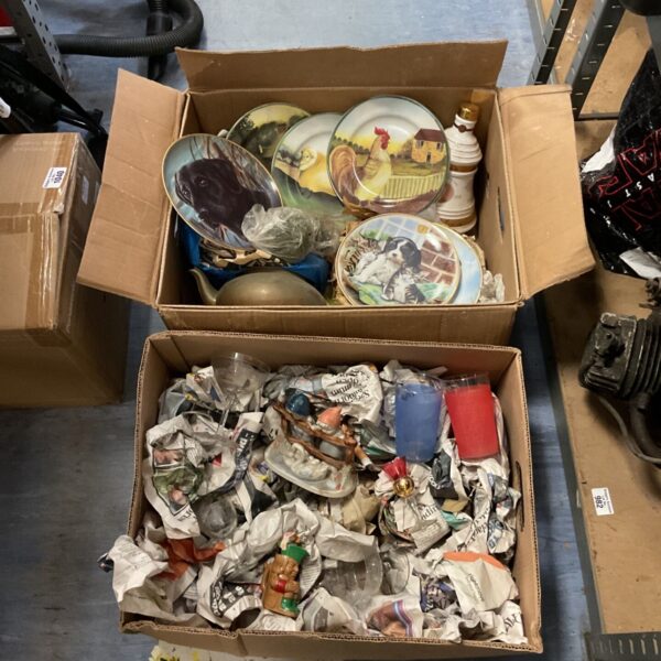 2 boxes of house clearance items including farm animal china plates