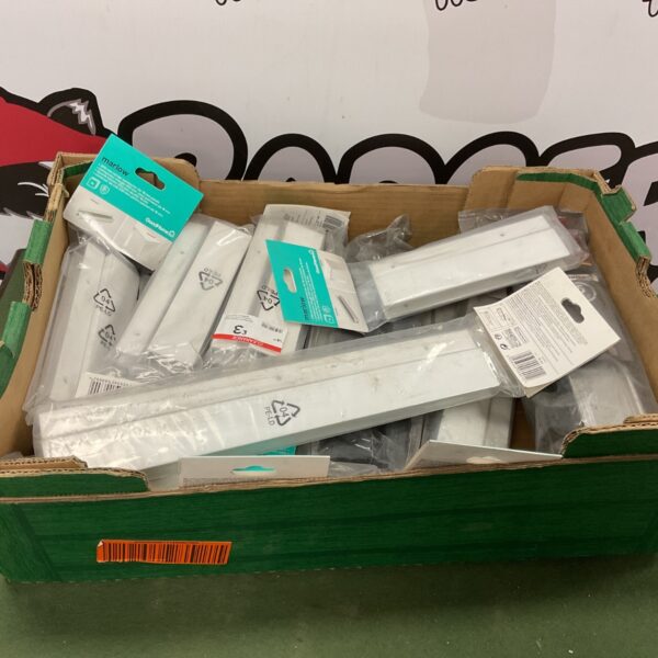 Box of mixed size Marlow plastic corner connectors for DIY projects.
