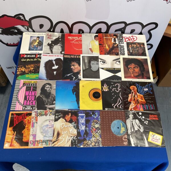 Vinyl record collection featuring Michael Jackson and David Bowie.