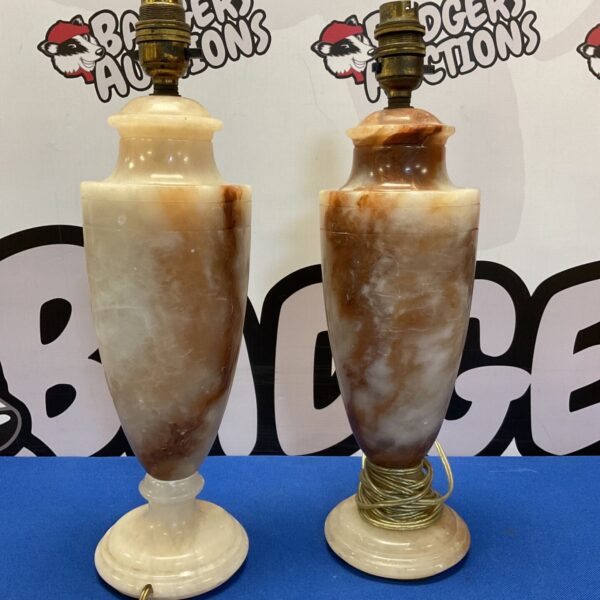 Pair of mid-century marble table lamps with veined bases.