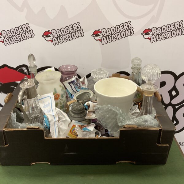 Mixed lot of vintage glass decanters and china tableware.