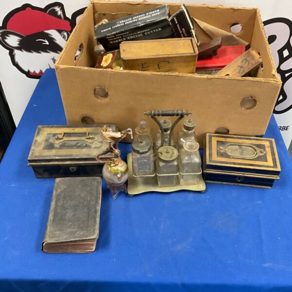 Mixed lot of vintage collectibles including glass and a bible.
