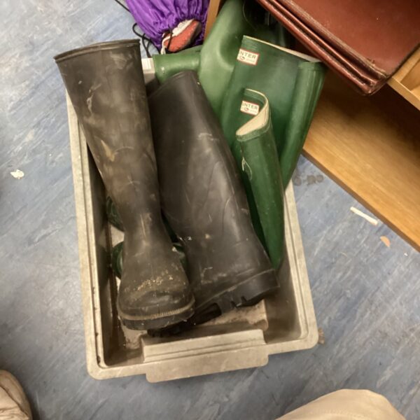 Mixed lot of wellington boots including Hunter wellies for outdoor use.