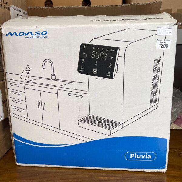 White Monso Pluvia water dispenser with digital display.