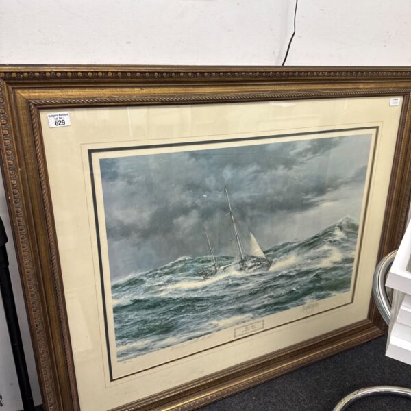 Large gilt framed Montague Dawson print, "Horn Abeam" sailing scene.