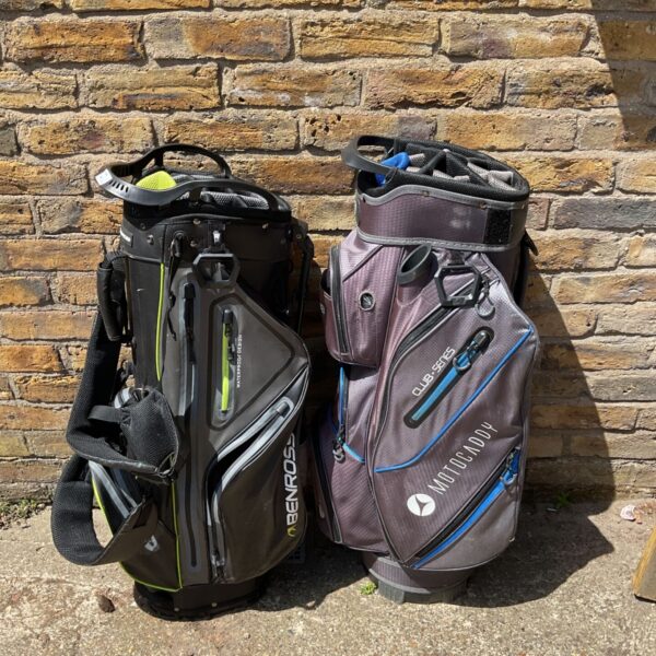Pair of used Motocaddy and Benross golf bags for sale.