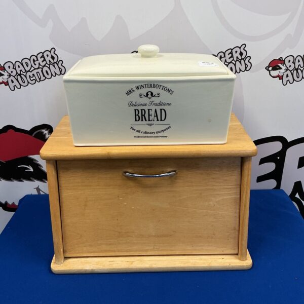 Vintage Mrs Winterbottoms style pottery bread bin for kitchen storage.