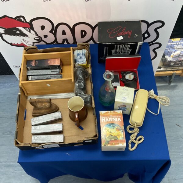 Vintage lot including Narnia book set, Remington razor, and Colony Crystal.