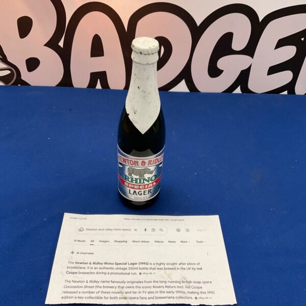 Vintage Newton & Ridley Rhino Special Lager bottle from the 1990s.