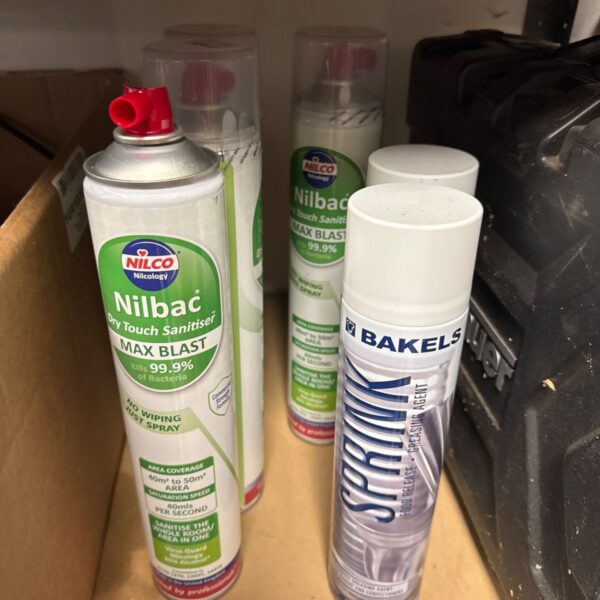 Nilbac Max Blast sanitiser and Sprink food release cans for hygiene.
