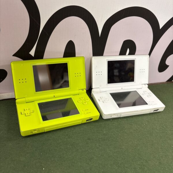 Two lime green Nintendo DS Lite consoles displayed together.