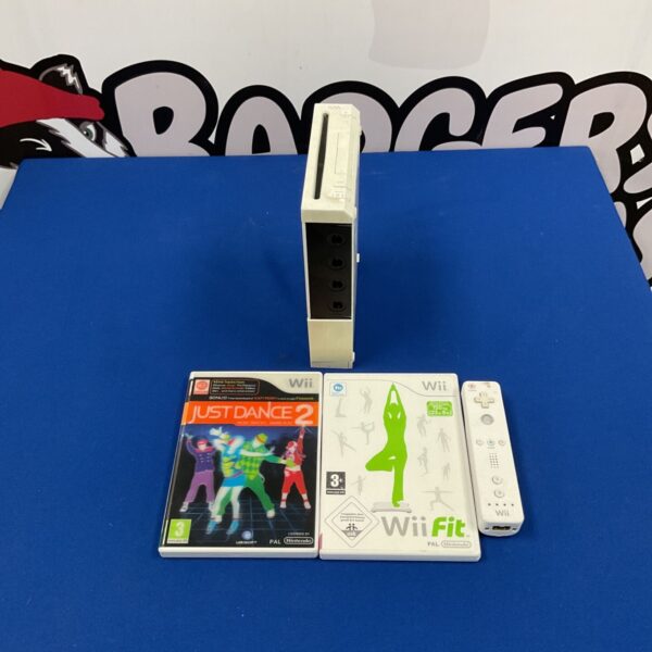 Nintendo Wii console with Just Dance 2 and Wii Fit games.