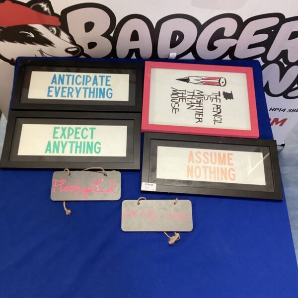 Vintage novelty prints and chalk signs lot for collectors.