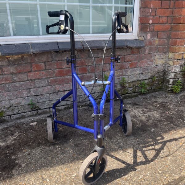Blue NRS Healthcare rollator walker with three wheels.