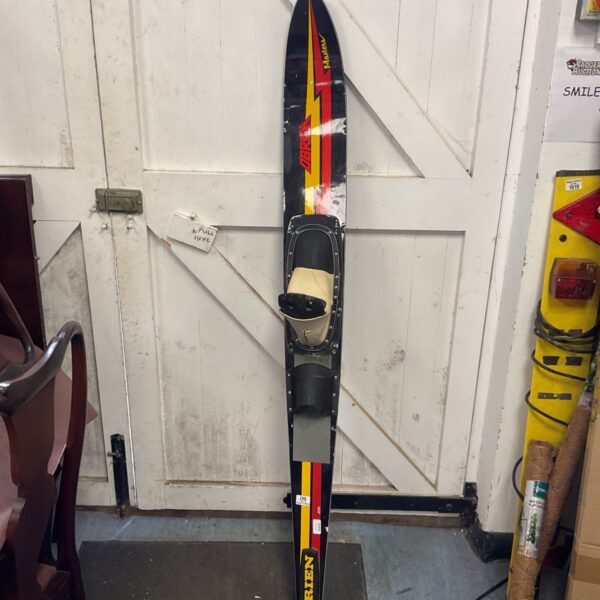O’Brien mono ski with foot binding, showing wear and tear.