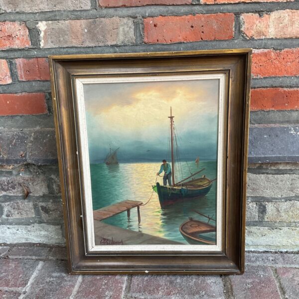 Vintage oil painting of a sailboat mooring in a calm seascape.