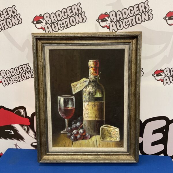 Vintage oil still life painting of wine, grapes, and cheese.