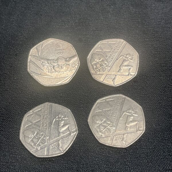 Collection of Olympic and Commonwealth Games 50p coins for collectors.