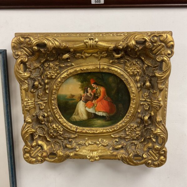 Ornate framed Persian romantic oil painting on board.