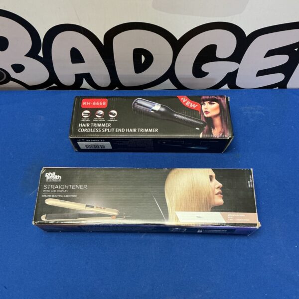 Phil Smith hair straightener and cordless split end trimmer set.