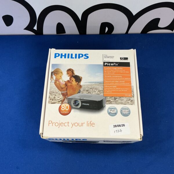 Philips PicoPix projector in original packaging, showing features.