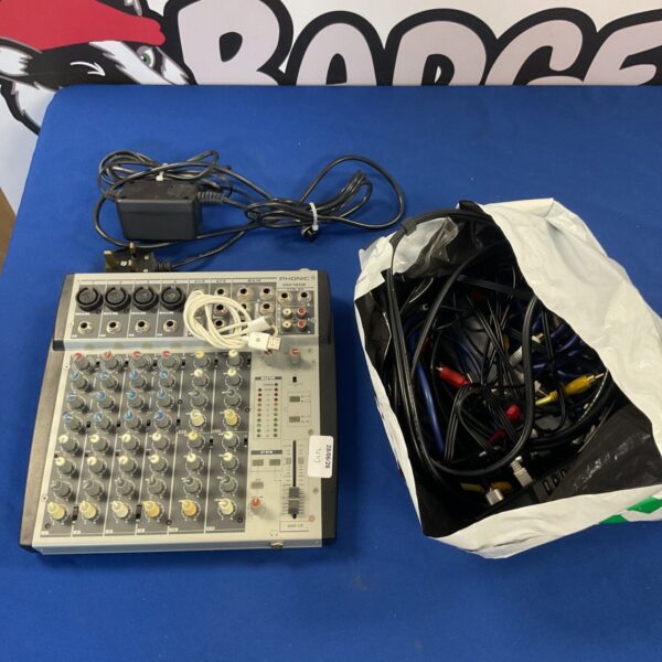 Phonic MM1202 compact analog mixer with connector cables included.