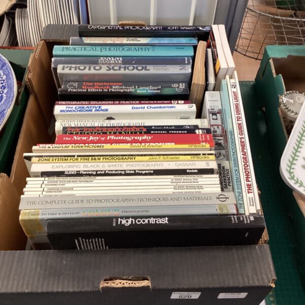 Stack of vintage photography books for collectors.