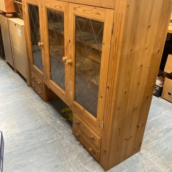 Vintage pine display unit with glazed doors, farmhouse style.