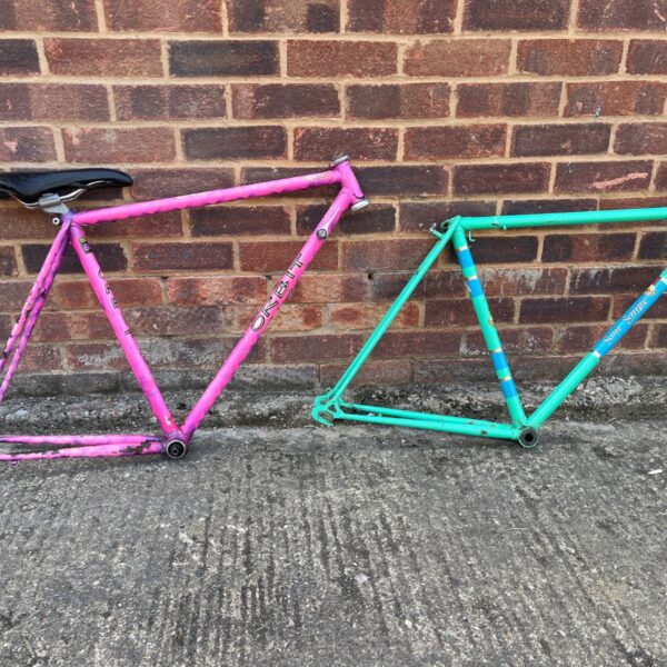 Vintage pink Orbit bicycle frame for restoration project.