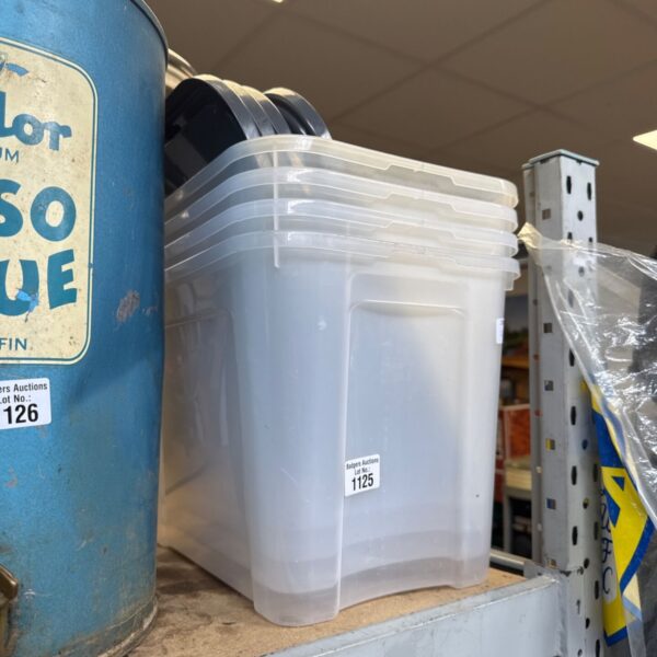 Lot of four 20L plastic storage boxes with lids.