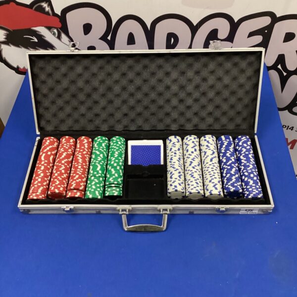 Poker chip set with red, white, and blue chips in an aluminium case.