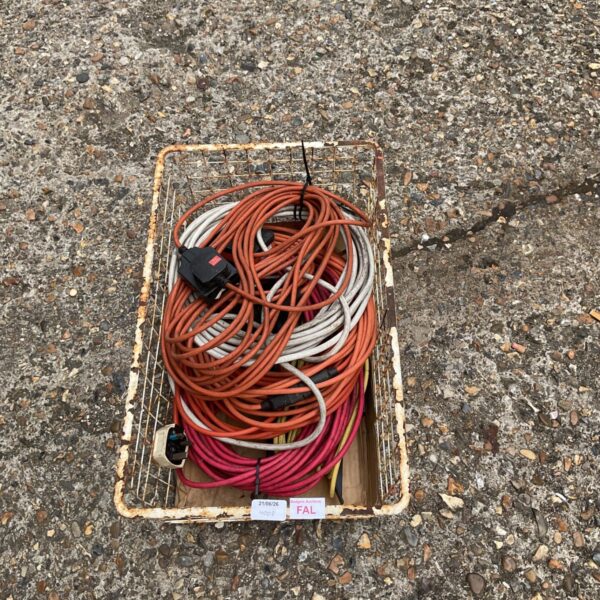 Mixed lot of orange and grey power cables and extension leads.