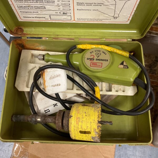 Vintage Powerline model 72 engraver with various engraving tips.