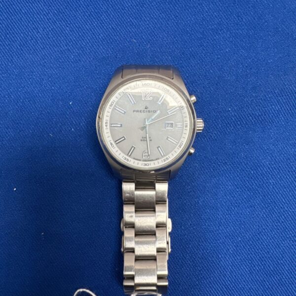 Silver Precision solar radio controlled gents wristwatch with metal bracelet.