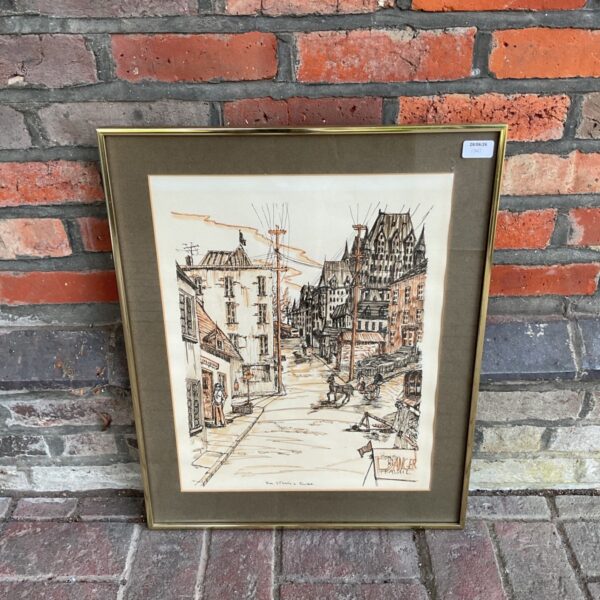 Vintage watercolour painting of a Quebec street scene, Rue St Louis.