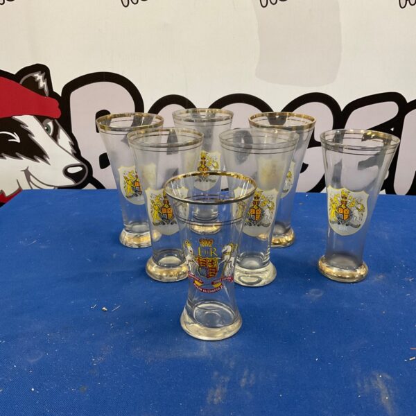 Group of seven Queen Elizabeth coronation glasses, vintage royal glassware.