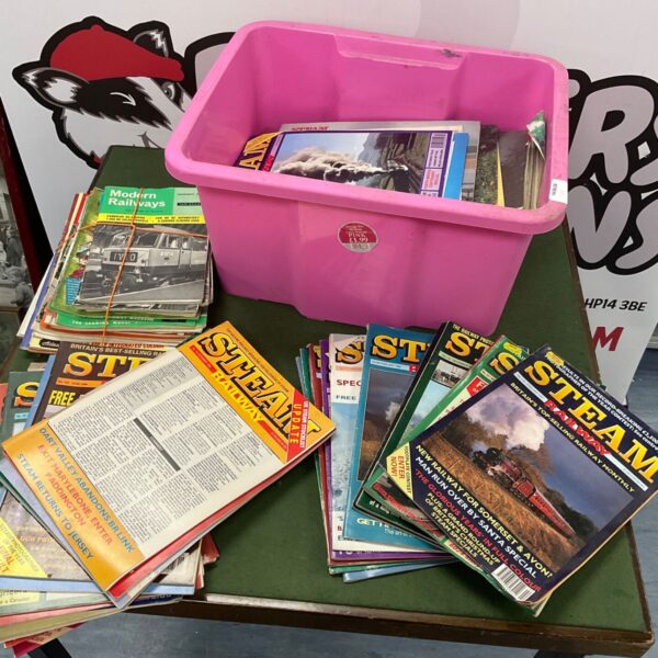 Box of vintage railway magazines for collectors and enthusiasts.